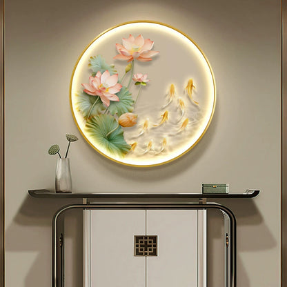 荷花九鱼图 荷鲤圆画
